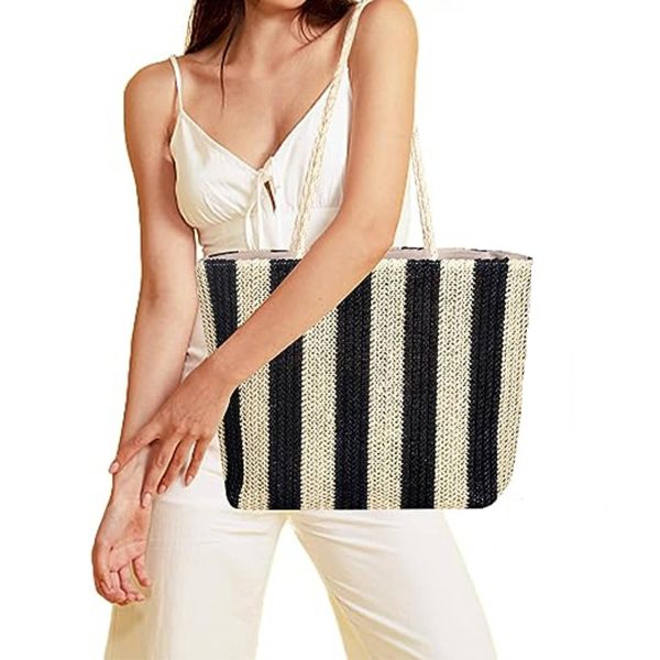 Women Beach Straw Striped Tote Bag