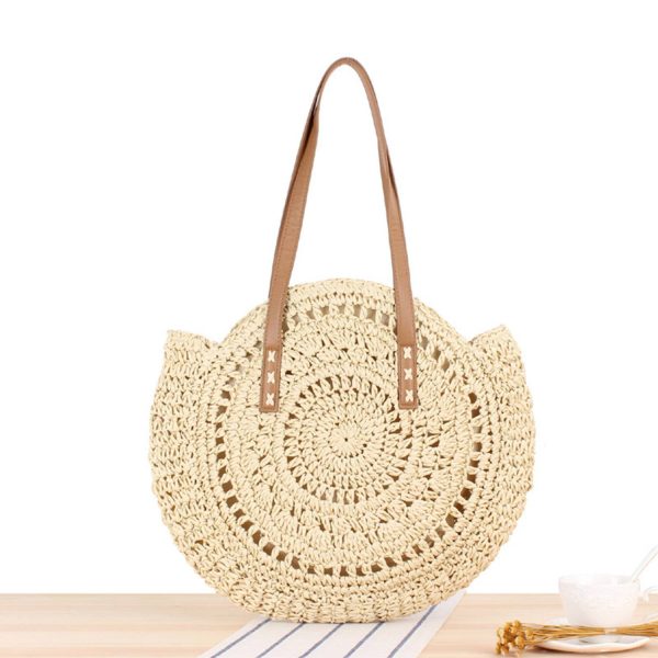 Women Round Hollow Straw Tote Bag