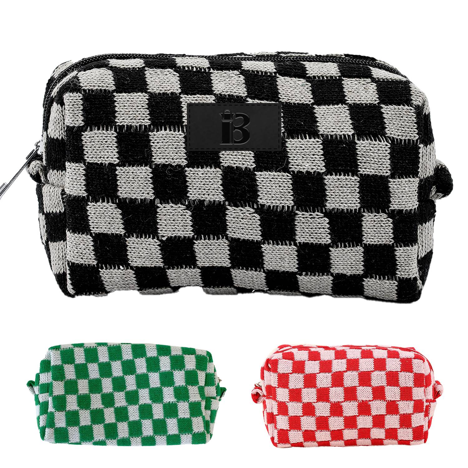 Wool Large Checkered Cosmetic Storage Bag with High Capacity