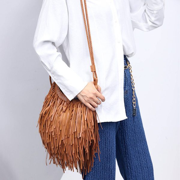 PU Hand-woven tassel shoulder cross-body bag