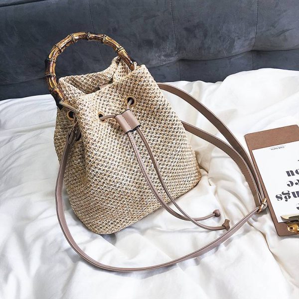 Jute Crossbody Bag Bucket Handbags With Bamboo Handle