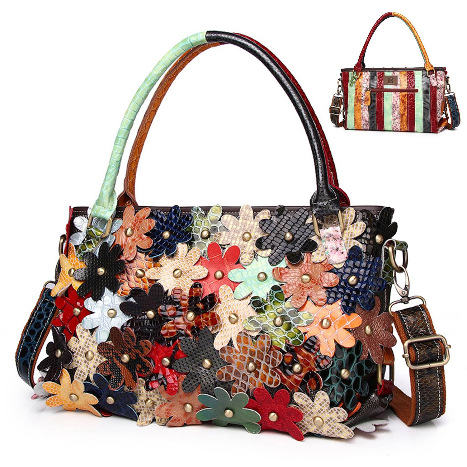Genuine Leather Serpentine floral coloured stud shoulder bag