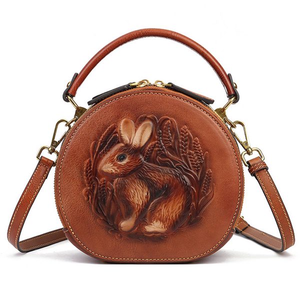 Genuine Leather Vintage bunny embossed diagonal shoulder bag
