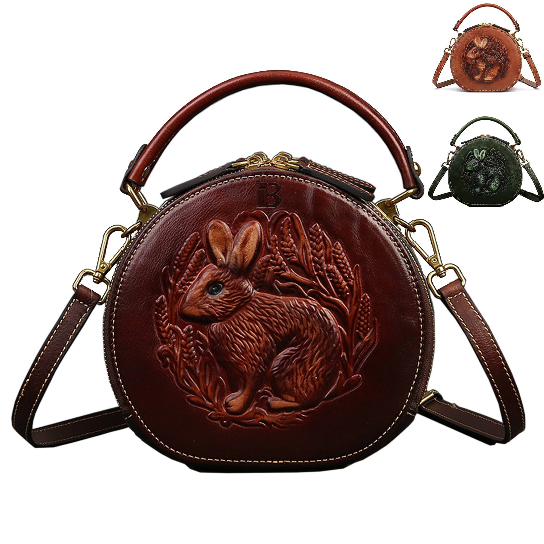 Genuine Leather Vintage bunny embossed diagonal shoulder bag