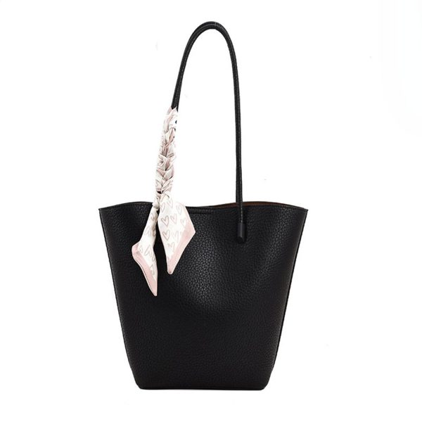 Sophisticated PU Leather Bucket Tote Bag with Silk Scarf