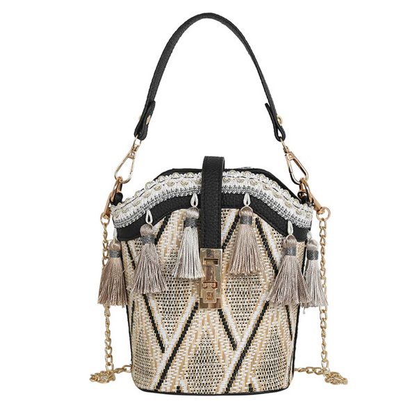Jute Straw Cylindrical Shell Bucket Tote Crossbody Bag