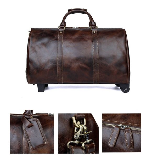 Large Leather Travel Duffel Bag with 2-rolling Spinner Wheel