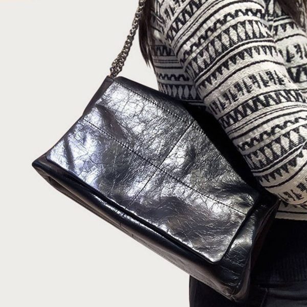 Genuine Leather Shoulder Tote bag with Hardware Chain