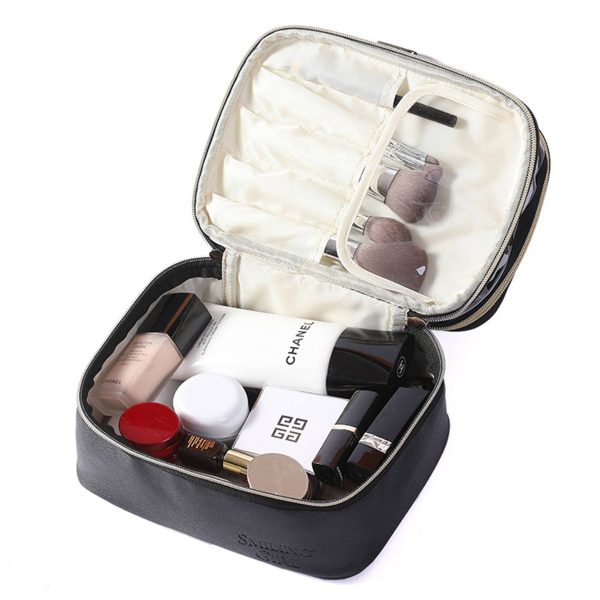 PU Leather Black Double Layer Cosmetic Bag