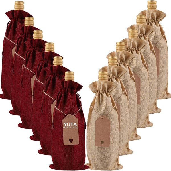 Drawstring Burlap Wine Bags With Tags & Ropes