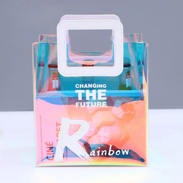 Clear Iridescent Bag Holographic Pvc With Leather Handle