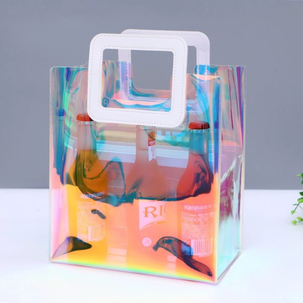 Clear Iridescent Bag Holographic Pvc With Leather Handle