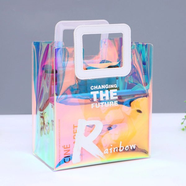 Clear Iridescent Bag Holographic Pvc With Leather Handle