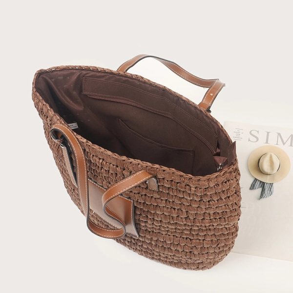 Natural Straw Bag Hand Woven Round Handle Handbags Retro