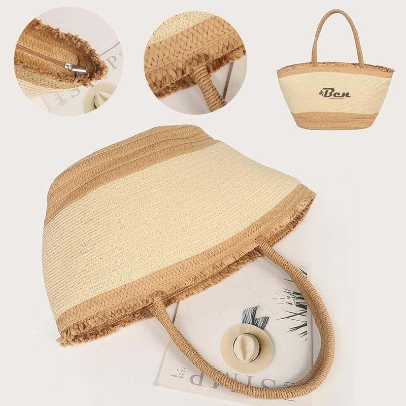 Natural Straw Bag Hand Woven Round Handle Handbags Retro