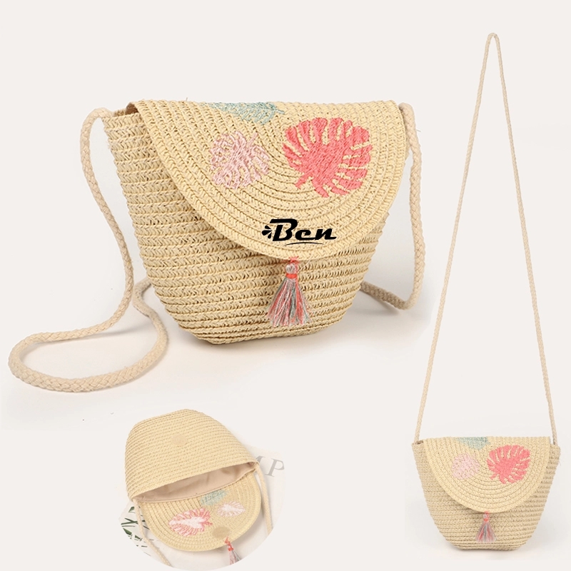 Natural Straw Bag Hand Woven Round Handle Handbags Retro
