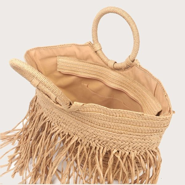 Natural Straw Bag Hand Woven Round Handle Handbags Retro