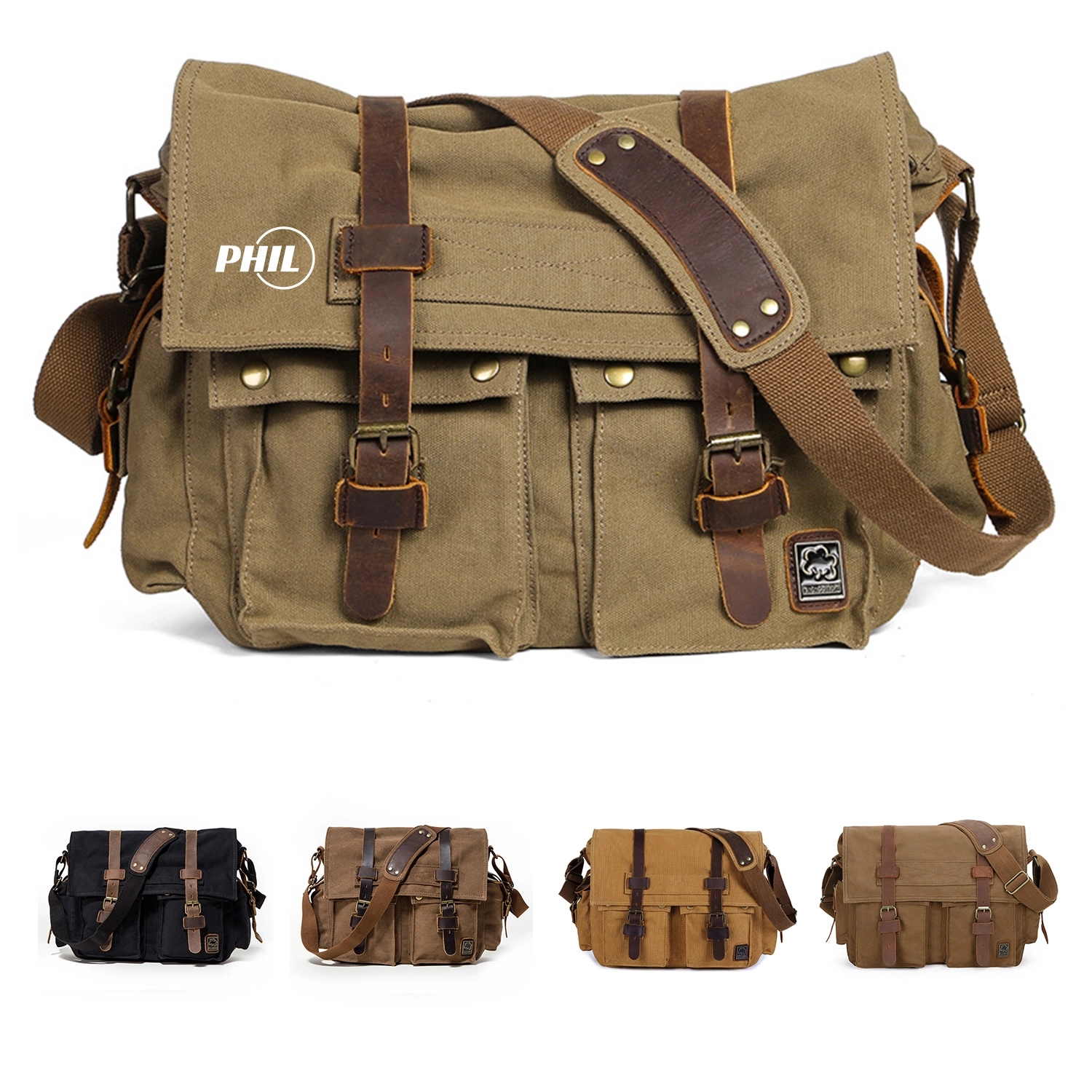 Vintage Military Leather Canvas Laptop Messenger Bags