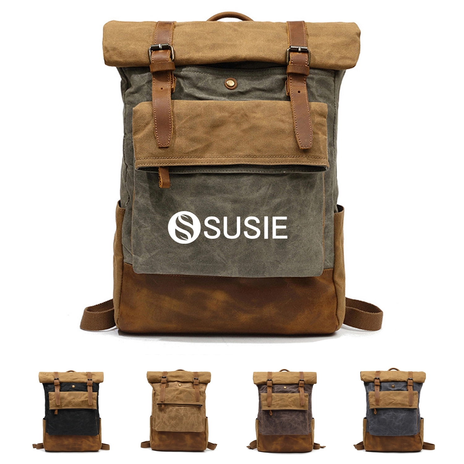 Cowhide Leather Waxed Canvas Bag