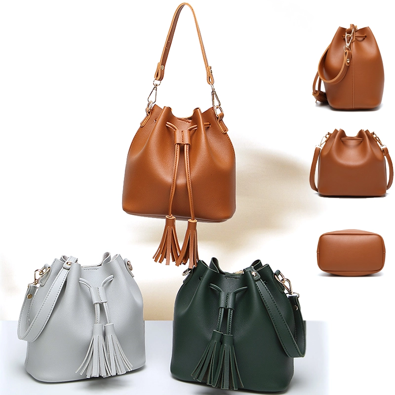 Leather tote bucket bag for women