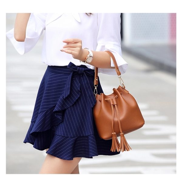 Leather tote bucket bag for women