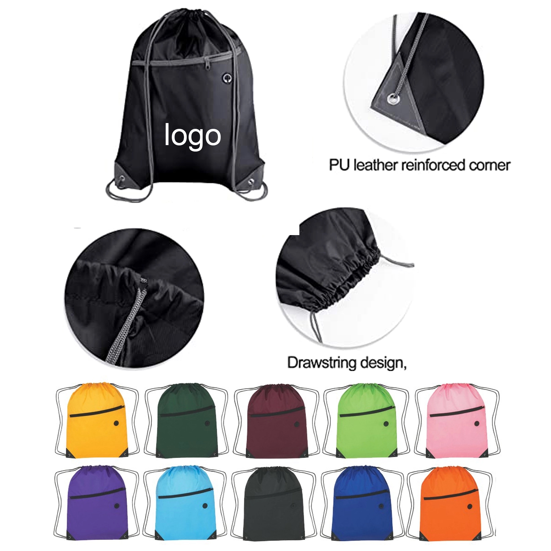 Polyester Drawstring Pack W/ Zipper Pocket and Headphone Hol