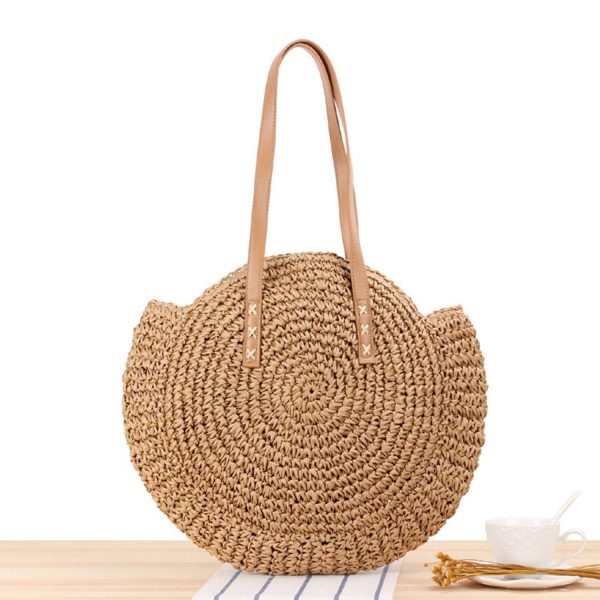 Women Round Hollow Straw Tote Bag