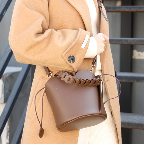 Genuine Leather Ruffled Bucket Cross-body Drawstring Bag