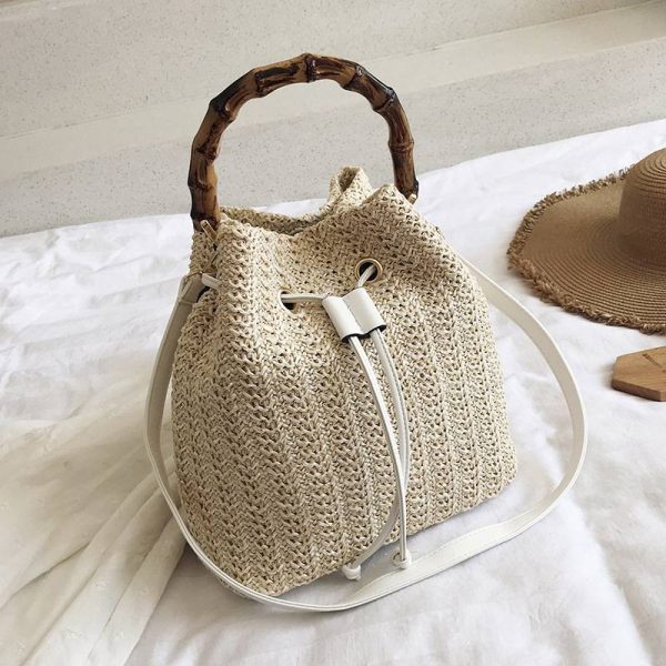 Jute Crossbody Bag Bucket Handbags With Bamboo Handle