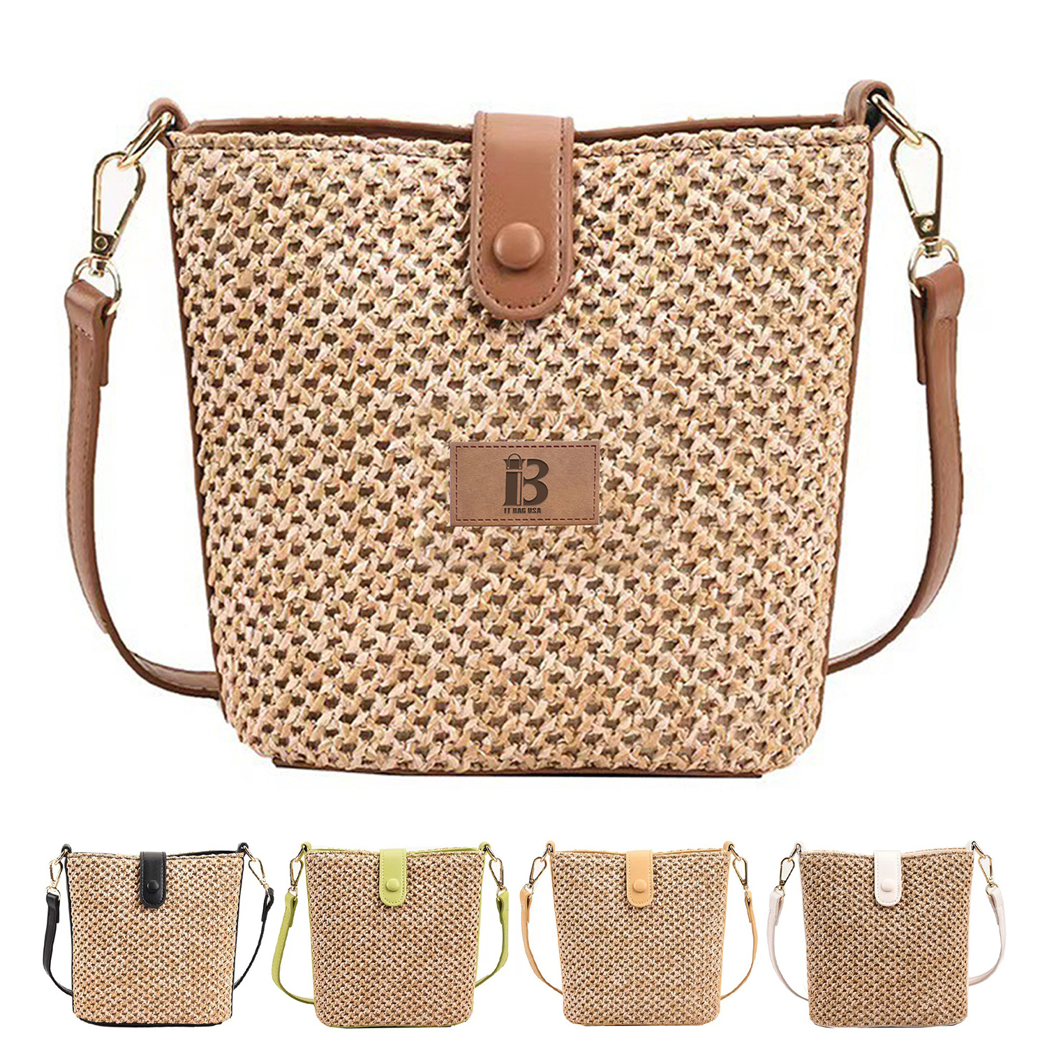 Summer Straw Women Woven Crossbody Bucket Bag
