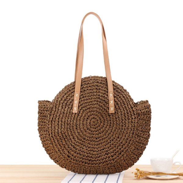 Women Round Hollow Straw Tote Bag