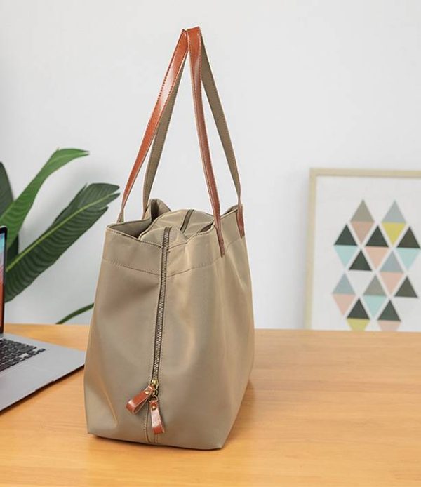 Leather Nylon Shoulder Tote Bag