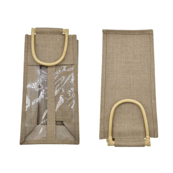 Wine Burlap Jute Tote Bag with Bamboo Handle