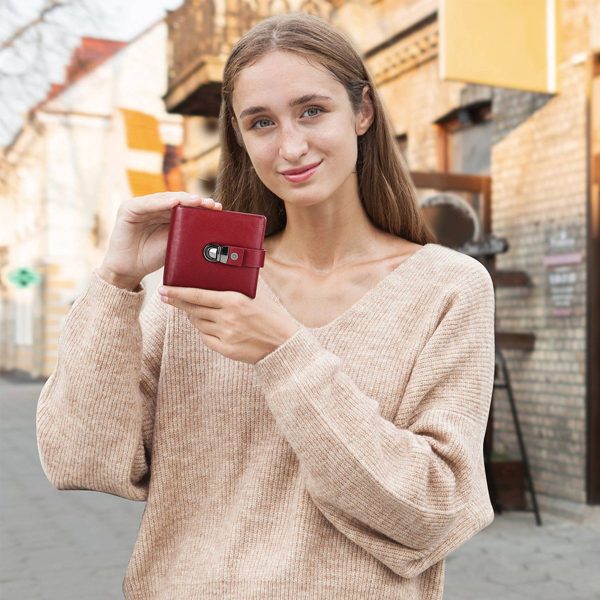 Genuine Leather RFID Small Square Buckle Wallet Women Red