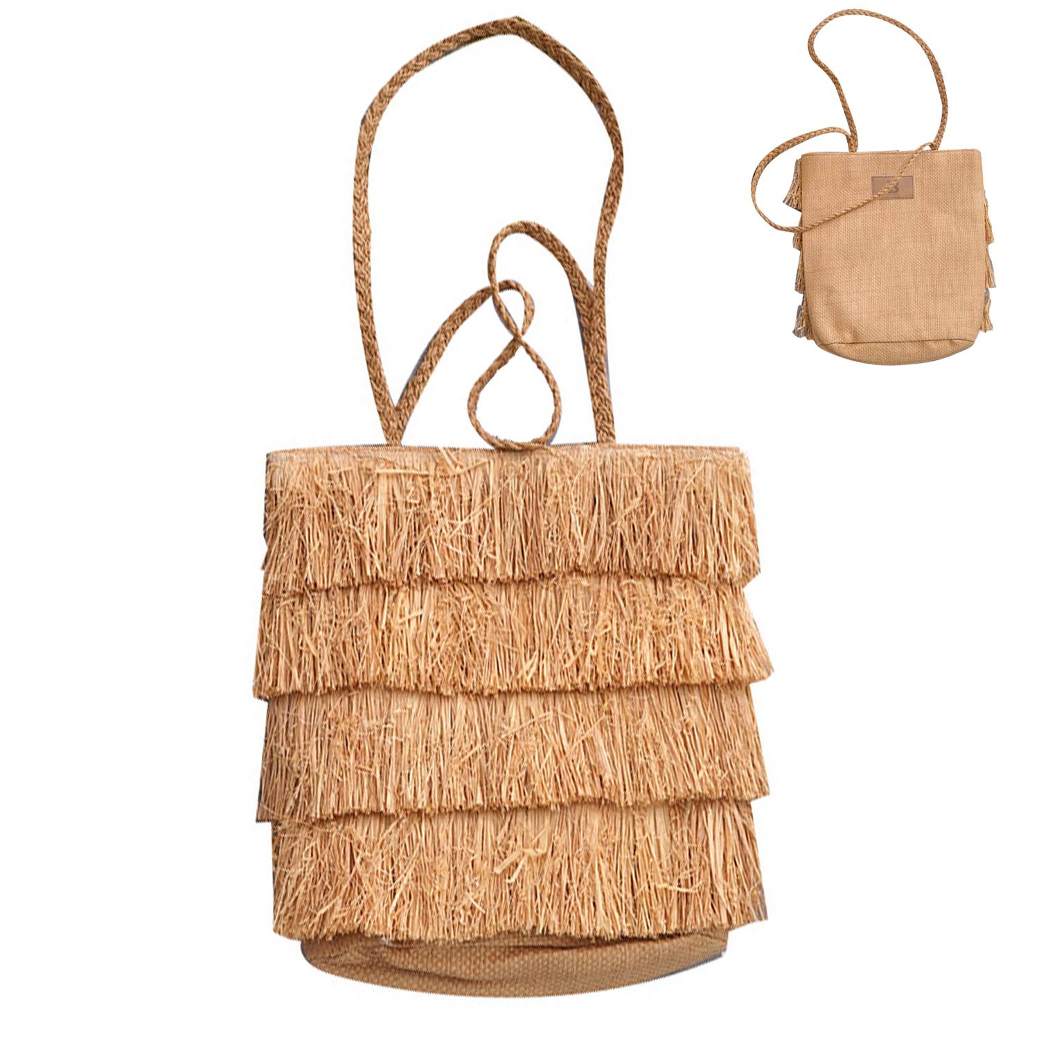 Jute straw fringed cross-body bag