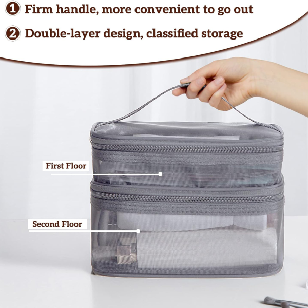 Large Capacity Portable Double Layer Mesh Cosmetics Bag