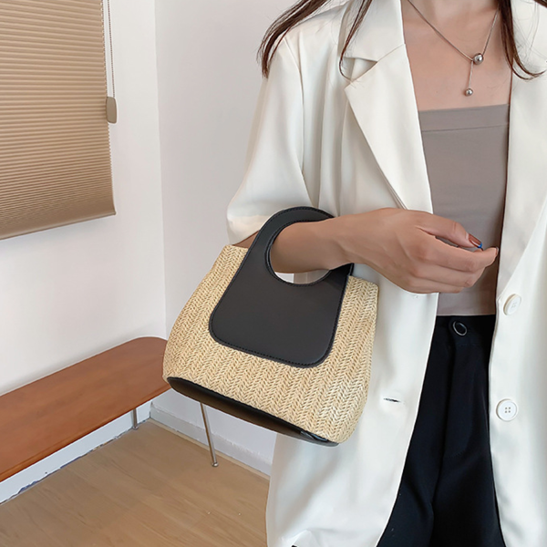 Retro color-blocking spliced straw bag