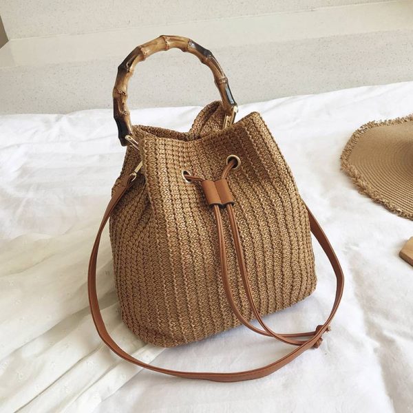 Jute Crossbody Bag Bucket Handbags With Bamboo Handle