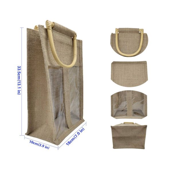 Wine Burlap Jute Tote Bag with Bamboo Handle