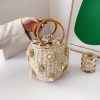 Women Woven Pearl Flower Bucket Tote Bag