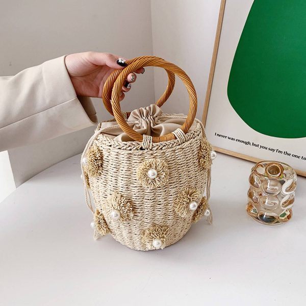 Women Woven Pearl Flower Bucket Tote Bag