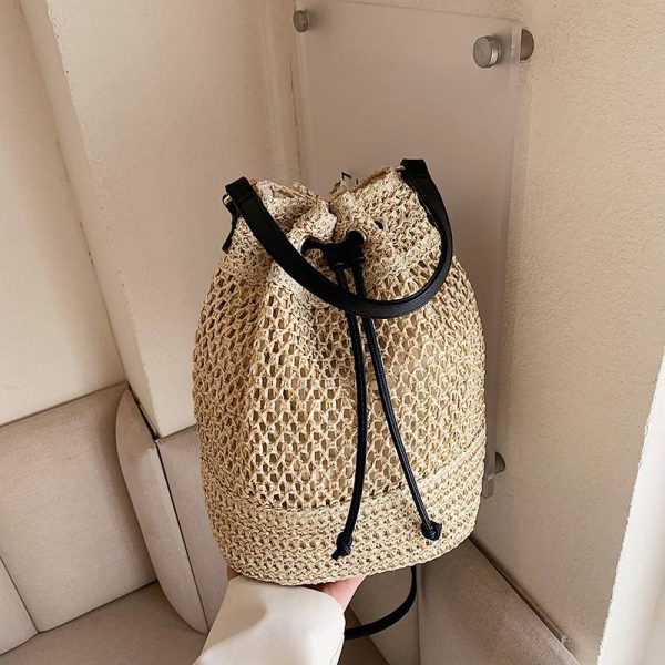 Jute Woven Beach Drawstring Bucket Handbag Crossbody Bag