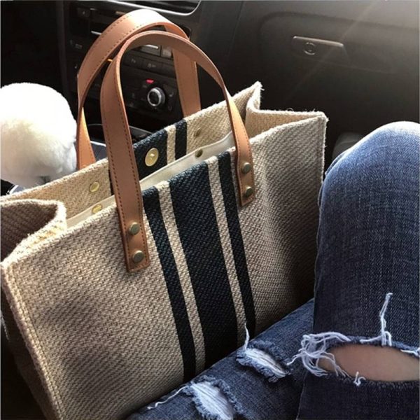 Woven Label Straw Tote Bag With Leather Belt