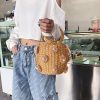 Women Woven Pearl Flower Bucket Tote Bag