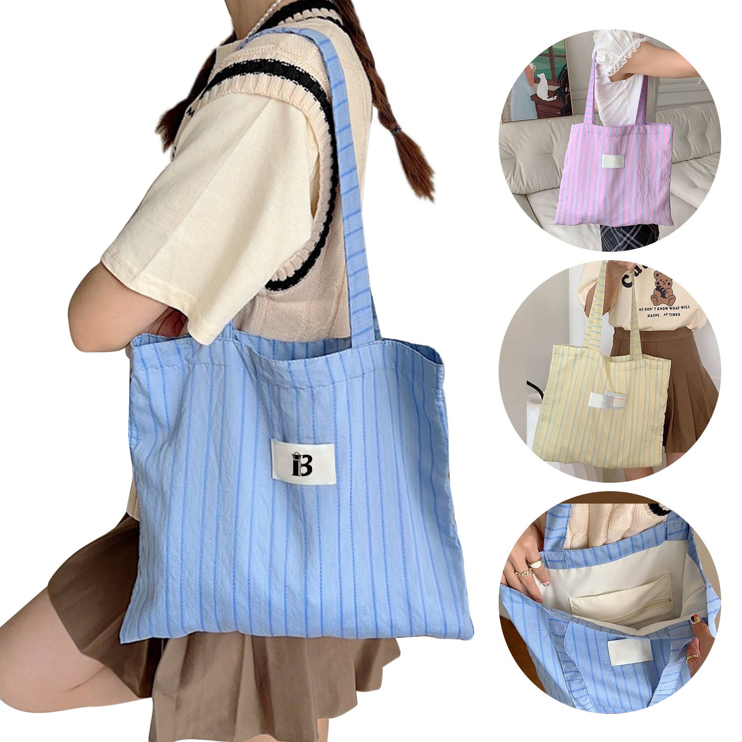 Women's Daily Working Striped Canvas Bag