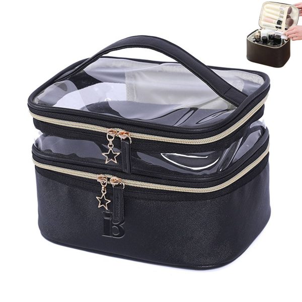 PU Leather Black Double Layer Cosmetic Bag