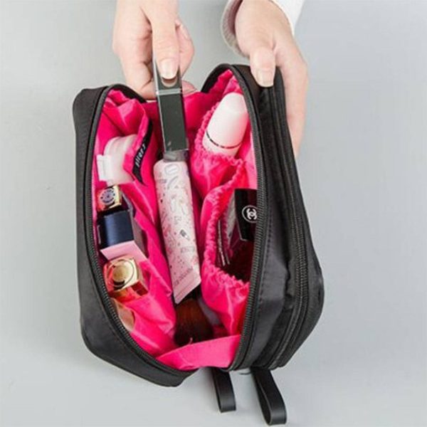 Nylon travel portable cosmetic bag with double zipper