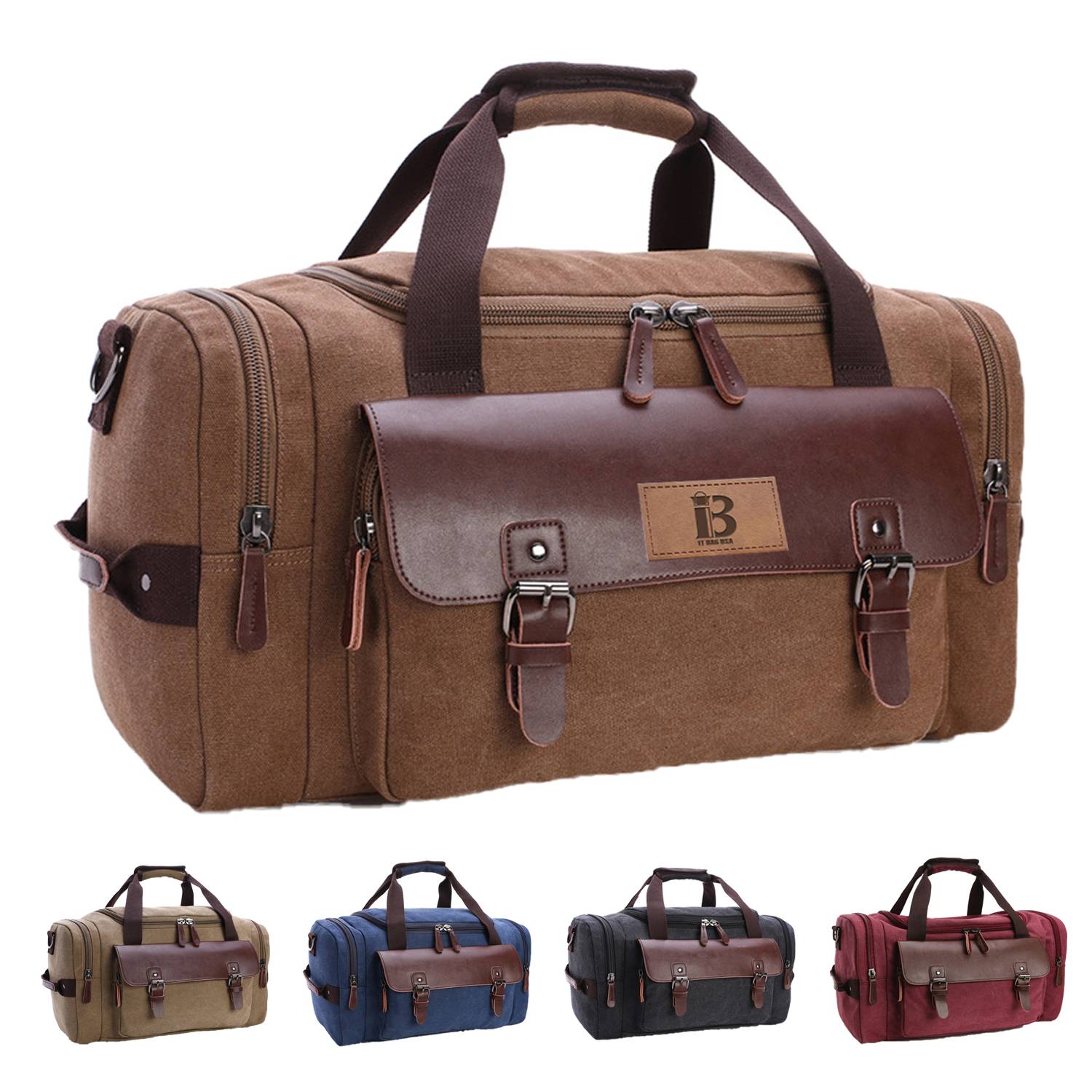 Expandable Canvas Genuine Leather Duffle Bag