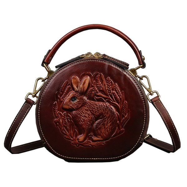 Genuine Leather Vintage bunny embossed diagonal shoulder bag
