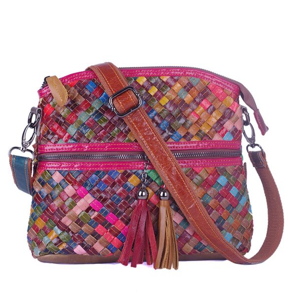 Genuine Leather Contrasting hand-fringed floral paneling bag